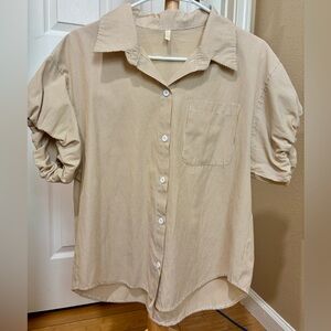 Beige Striped Button Down Short Sleeve Shirt